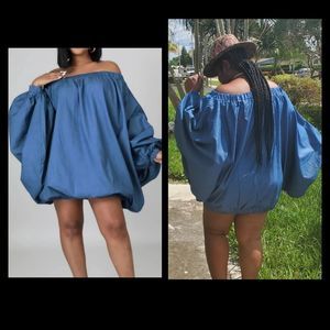 Women's "Bella" Off Shoulder Chambray Balloon Sleeve Dress Plus/One Size